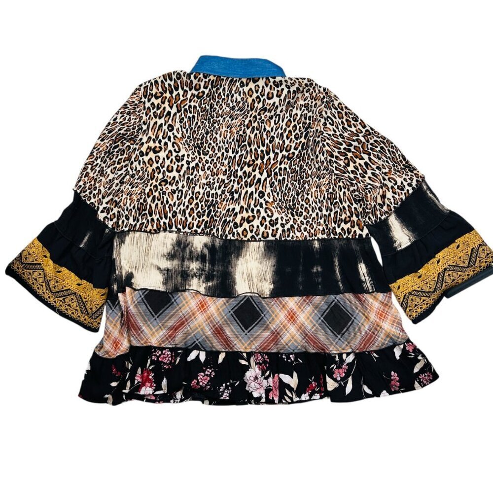 Calessa Mixed Media Animal Print Floral Shirt Ruffle Bell Sleeve Top Large - Picture 3 of 7
